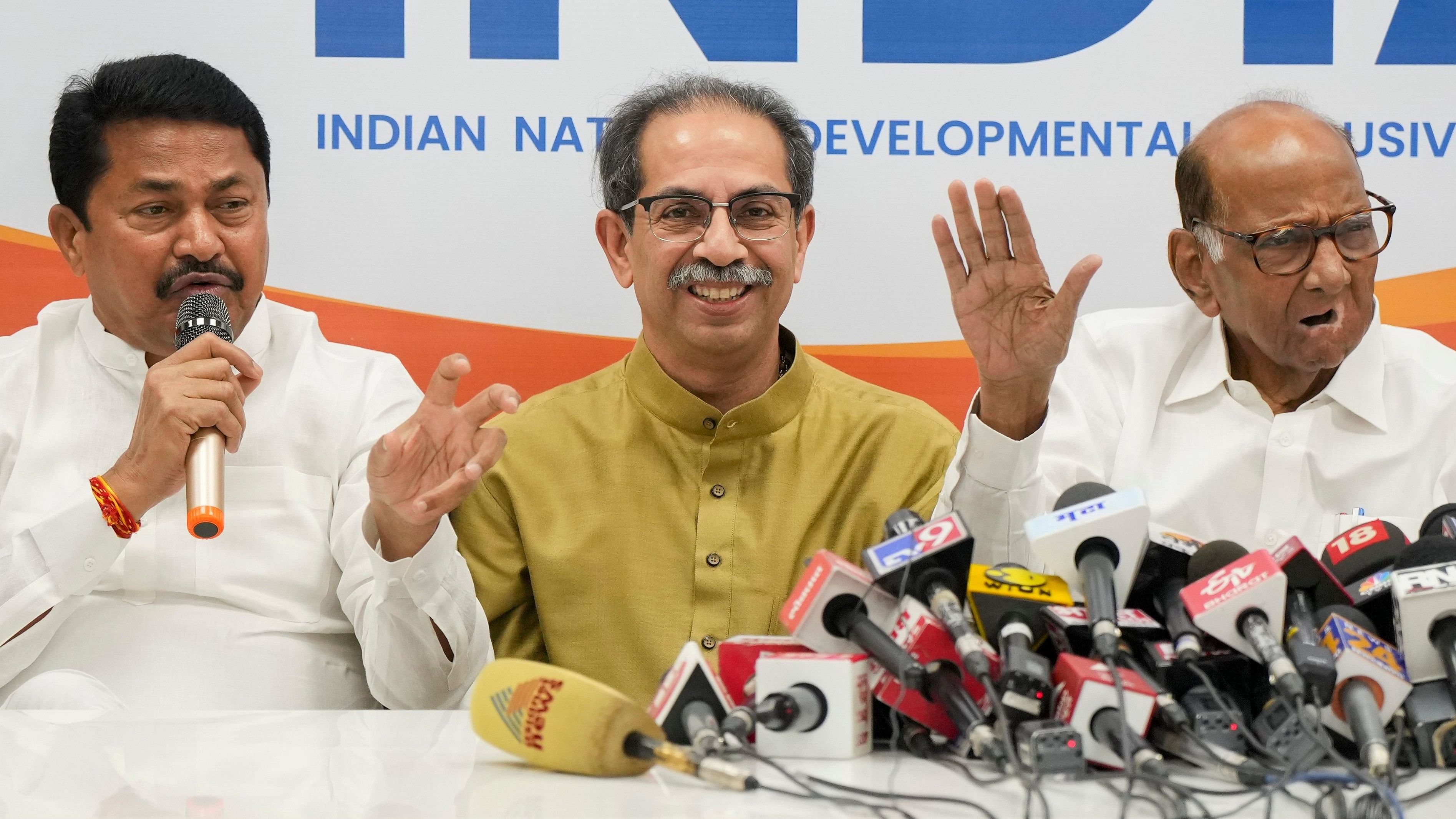 <div class="paragraphs"><p> Shiv Sena (UBT) chief Uddhav Thackeray, Maharashtra Congress President Nana Patole and NCP (SP) chief Sharad Pawar </p></div>