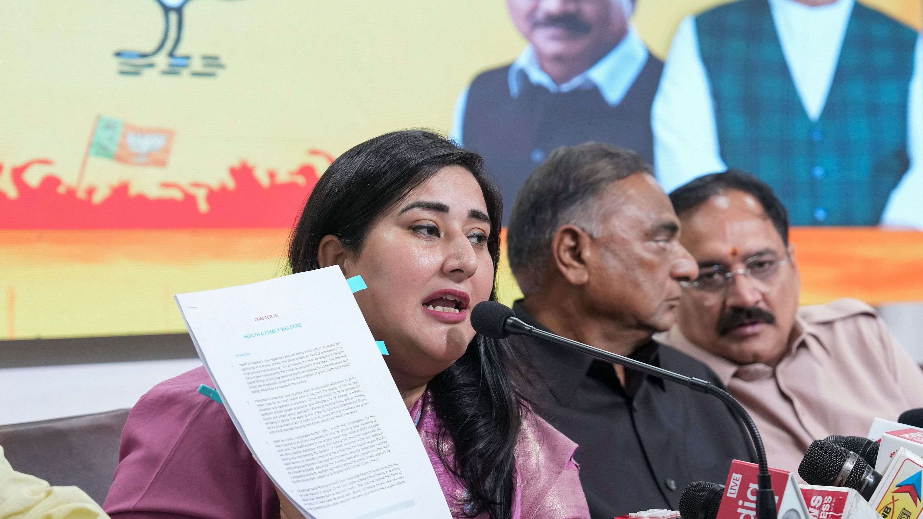 <div class="paragraphs"><p>BJP MPs Bansuri Swaraj nad Ramvir Singh Bidhuri with Delhi BJP President Delhi BJP President Virendra Sachdeva during a press conference, in New Delhi.</p></div>