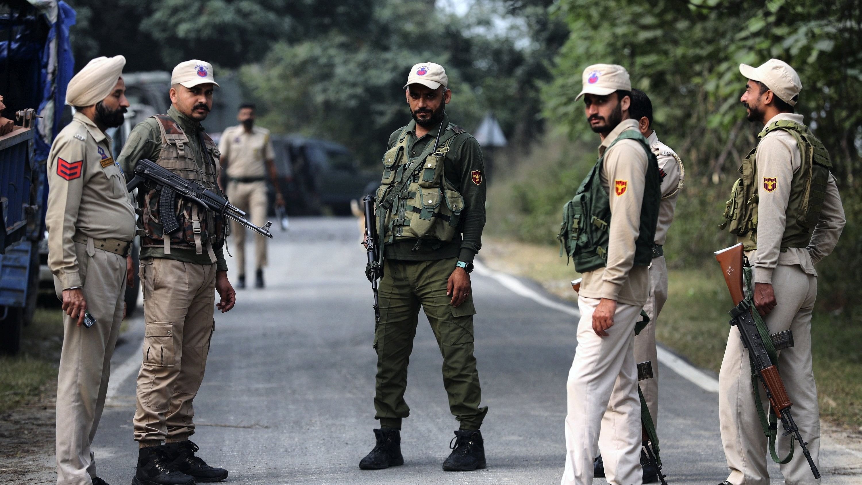 <div class="paragraphs"><p>Army jawans keep vigil near the site of the encounter between security forces and terrorists on the second day after terrorists fired at an ambulance that was part of an Army convoy, in Akhnoor sector of Jammu and Kashmir, Tuesday, Oct. 29, 2024. </p></div>