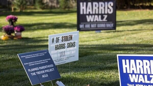 <div class="paragraphs"><p>Lawn signs, in support of Democratic presidential nominee U.S. Vice President Kamala Harris, are displayed at Lissa Smith's lawn, after several previously displayed signs were taken, in Indianapolis, Indiana, US</p></div>