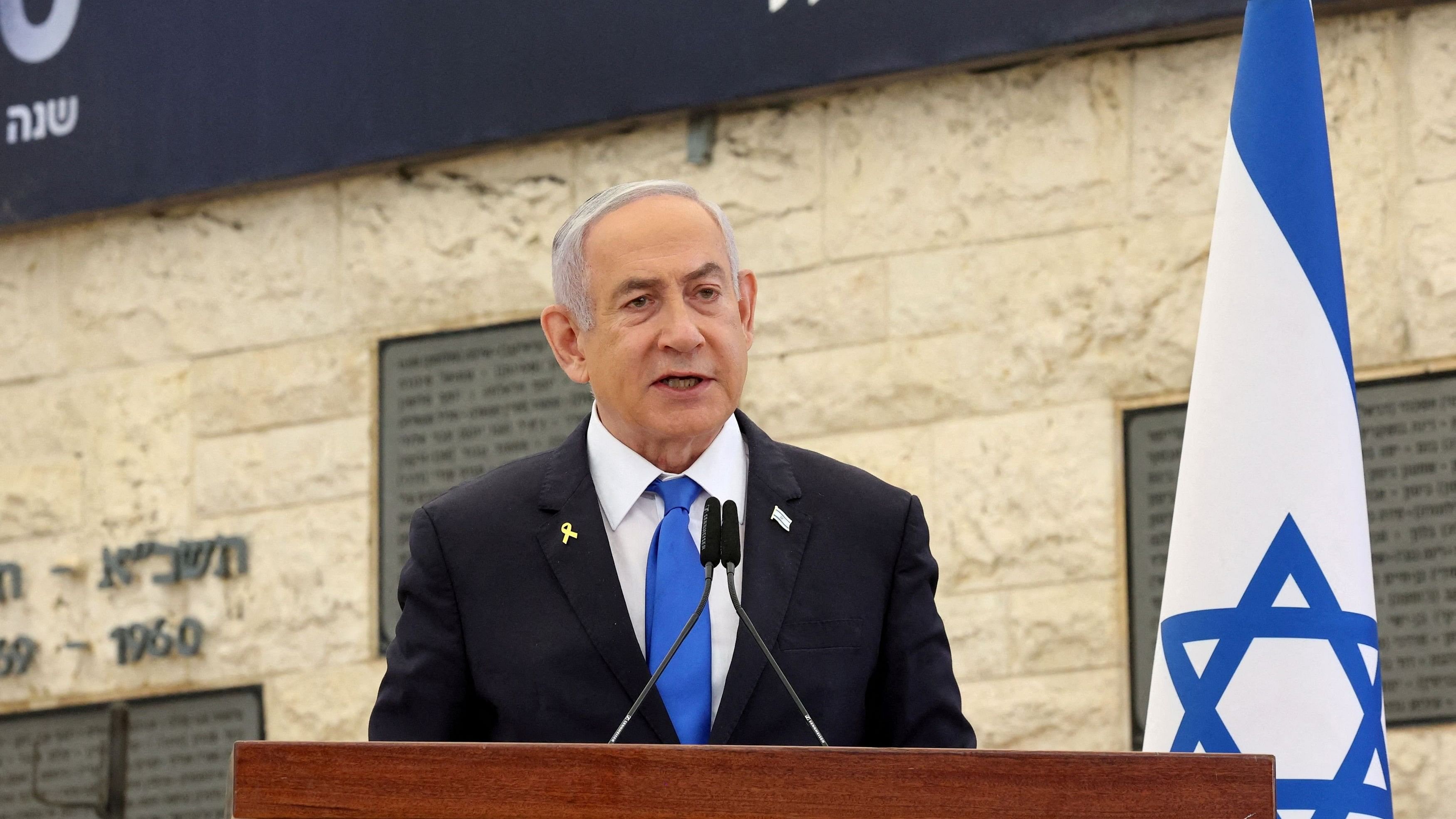 <div class="paragraphs"><p>FILE PHOTO: Israeli Prime Minister Benjamin Netanyahu speaks during a memorial ceremony of the Hamas attack on October 7 last year that sparked the ongoing war in Gaza, at the Mount Herzl military cemetery in Jerusalem on October 27, 2024. </p></div>