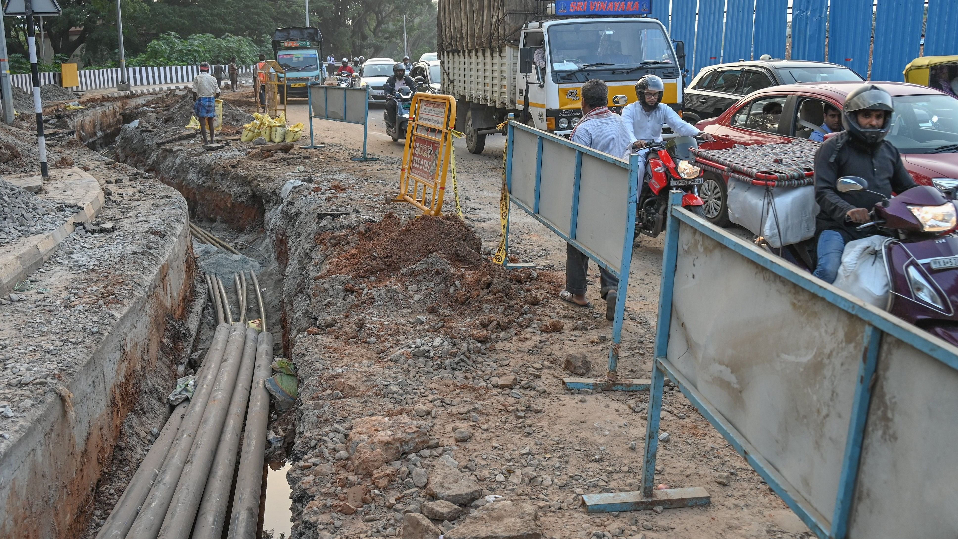 <div class="paragraphs"><p>A portion of the new Cantonment Station Road has been dug up to&nbsp;lay underground water and power lines. </p></div>