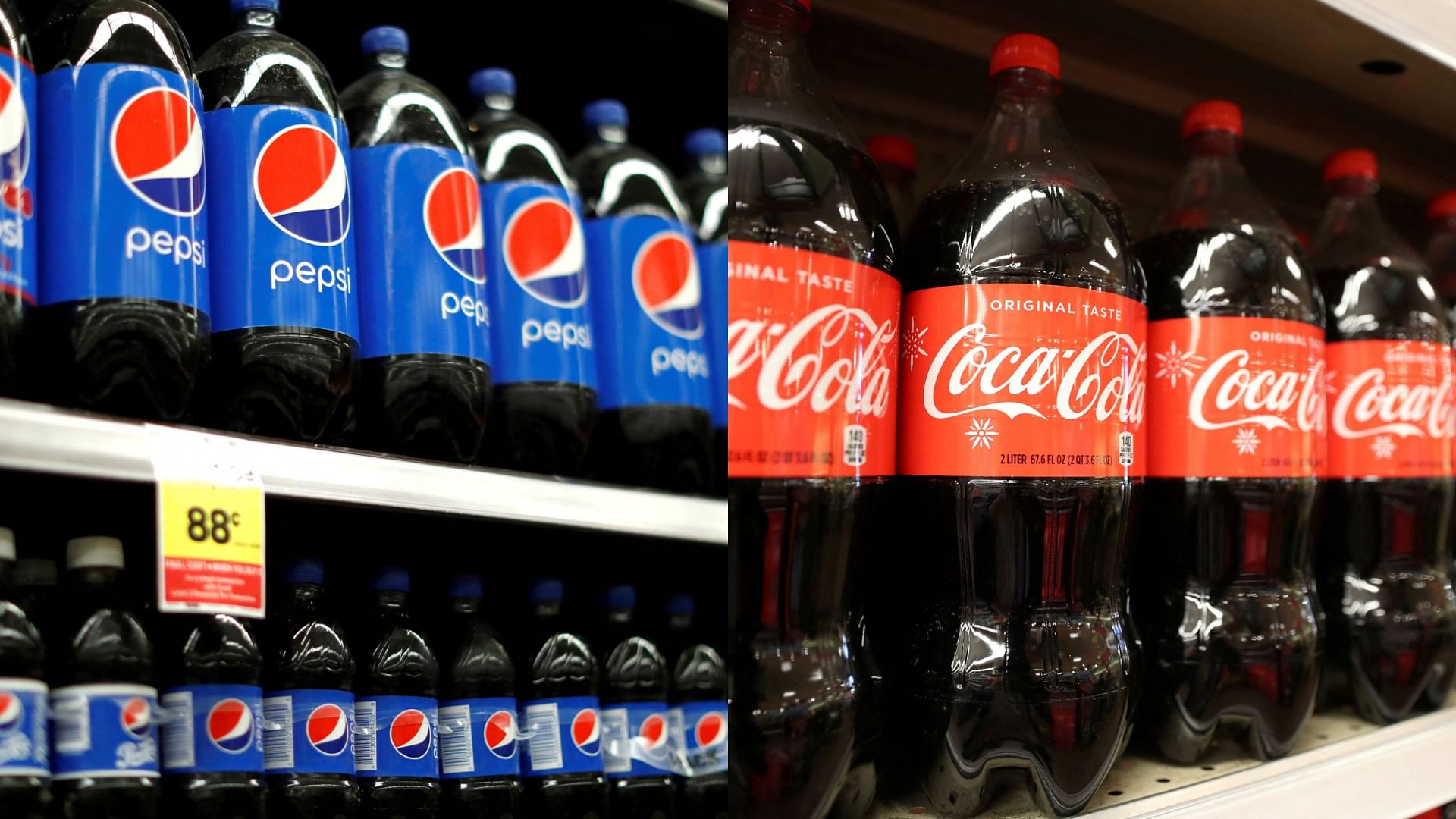 <div class="paragraphs"><p>A collage showing Pepsi and Coca-Cola products displayed on supermarket shelves.</p></div>