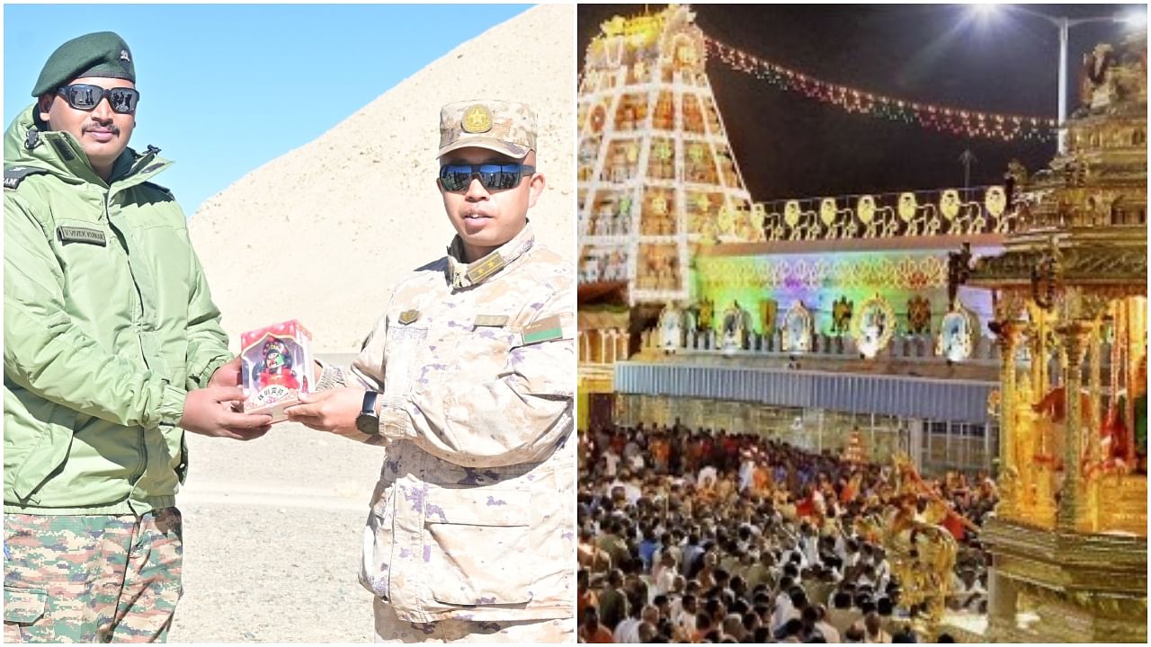 <div class="paragraphs"><p>Indian and Chinese army greet each other on Diwali(L) a file photo of Tirumala temple.</p></div>