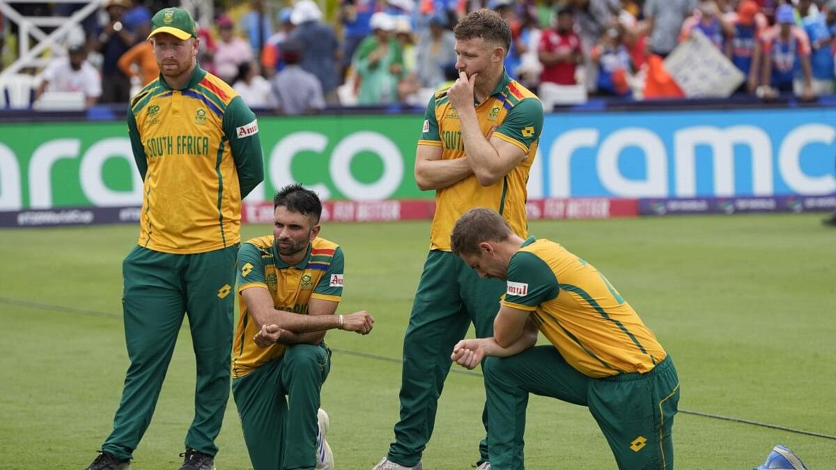 <div class="paragraphs"><p>South Africa players react after their loss against India in the ICC Men's T20 World Cup final cricket match at Kensington Oval in Bridgetown, Barbados, Saturday, June 29, 2024.</p></div>