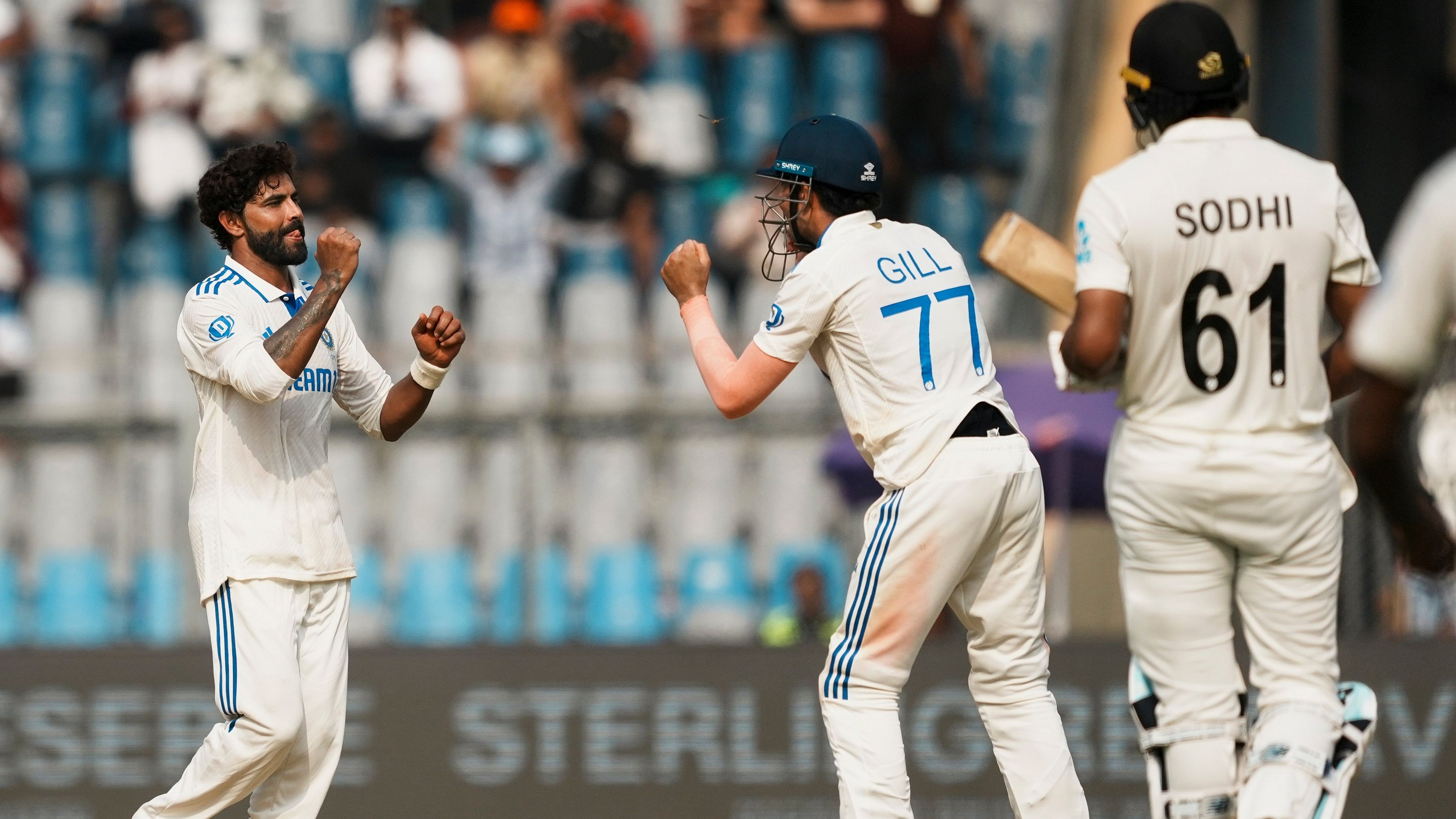 <div class="paragraphs"><p>Ravindra Jadeja (left) celebrates with Shubman Gill after dismissing New Zealand’s Ish Sodhi on the first day of the third Test in Mumbai on Friday.</p></div>