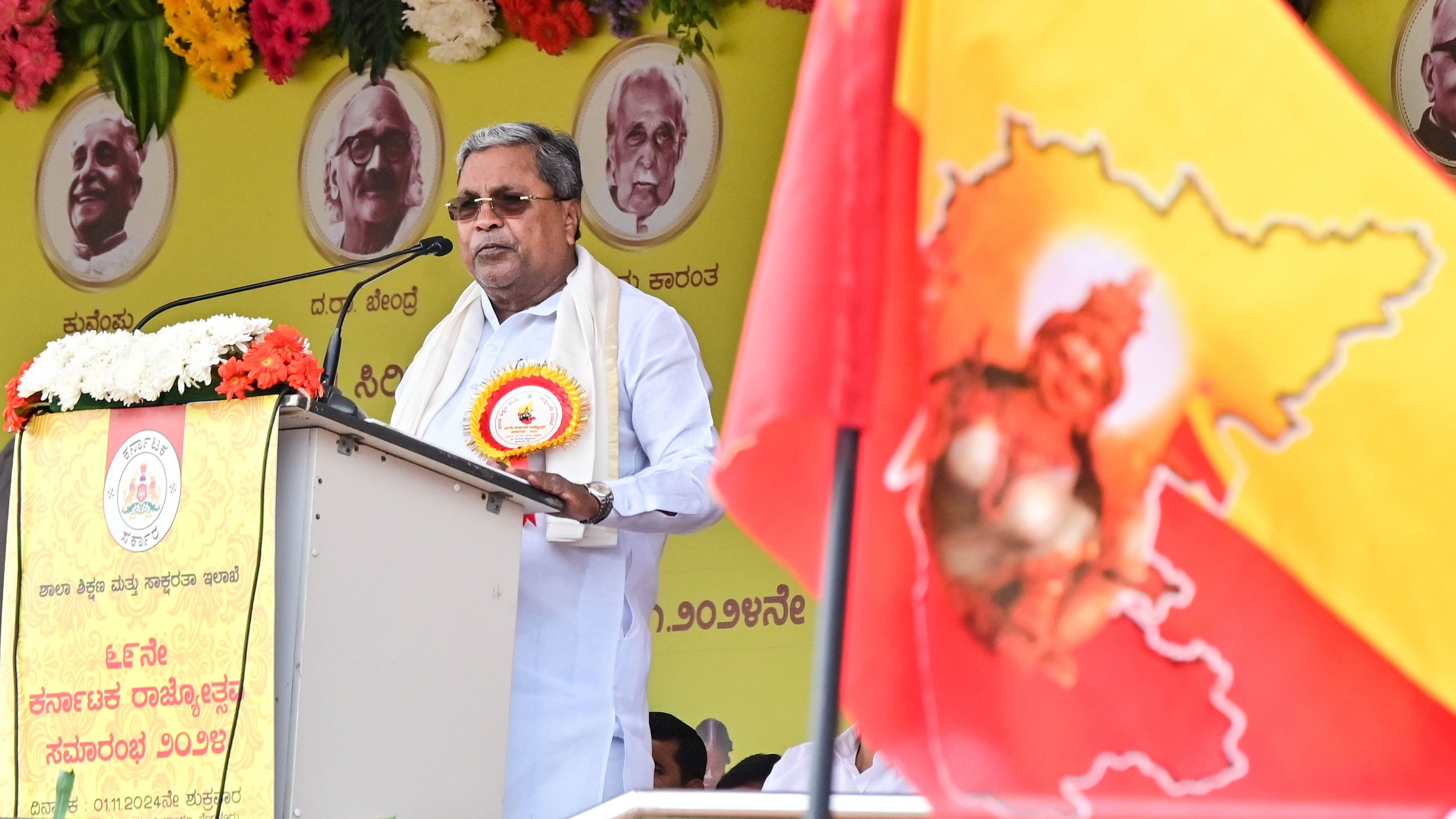 <div class="paragraphs"><p>Chief Minister Siddaramaiah speaks at the 69th Rajyotsava programme, organised by the Department of School Education and Literacy, at Kanteerava Stadium inBengaluru on Friday. </p></div>