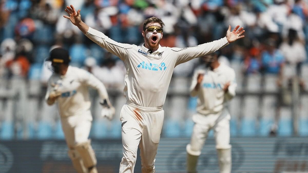 <div class="paragraphs"><p>New Zealand's Glenn Philips celebrates the wicket of India's Ravichandran Ashwin during day three of third Test cricket match between India and New Zealand at Wankhede Stadium, in Mumbai, Sunday, Nov. 3, 2024.</p></div>