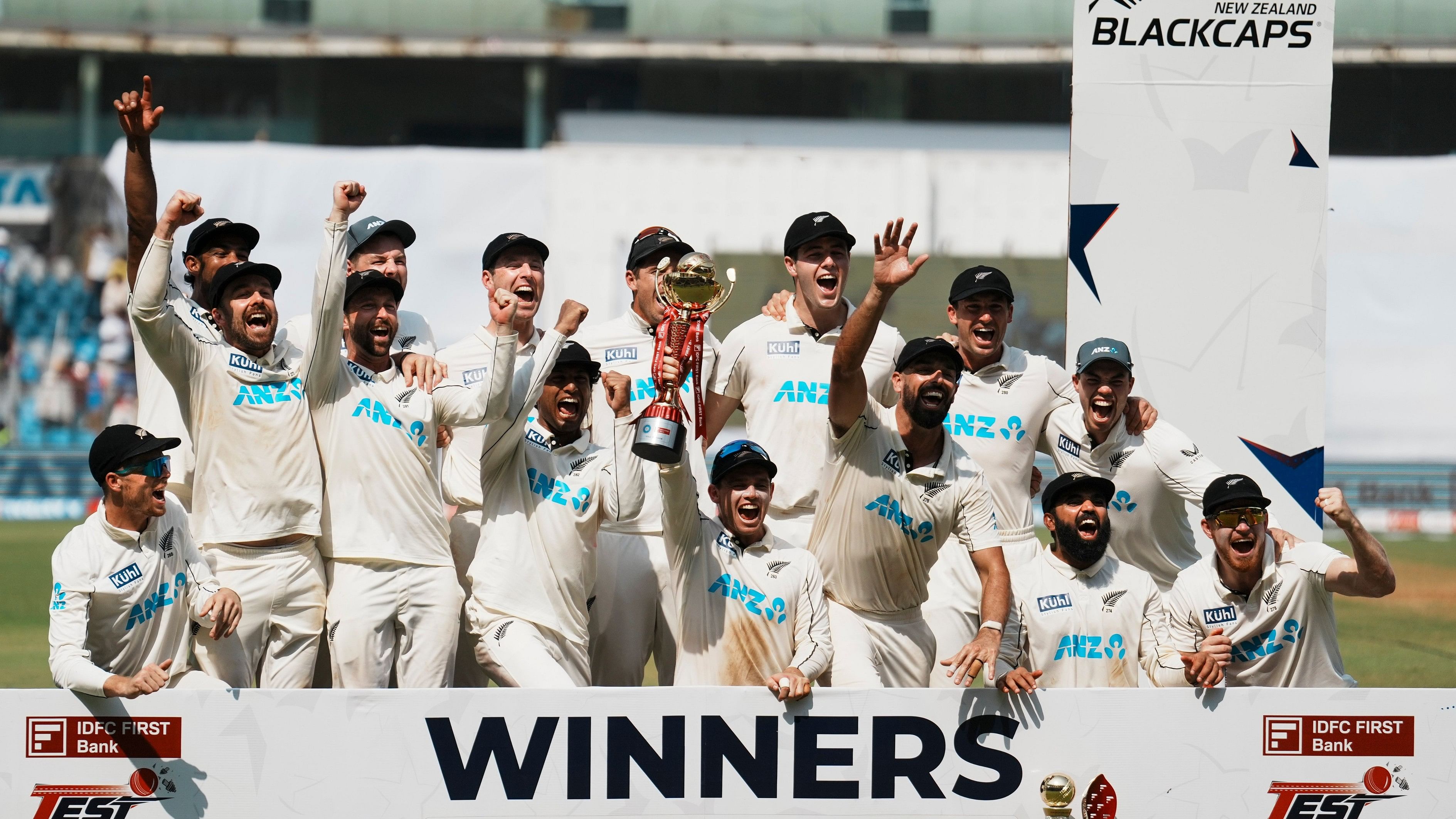 New Zealand players celebrate after walloping India 3-0 in the Test series that concluded in Mumbai on Sunday. PTI    