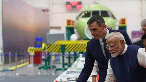 <div class="paragraphs"><p>Prime Minister Narendra Modi and Spanish Prime Minister Pedro Sanchez visit the TATA Aircraft Complex after its inauguration, in Vadodara, Gujarat, Monday, October 28, 2024.</p></div>