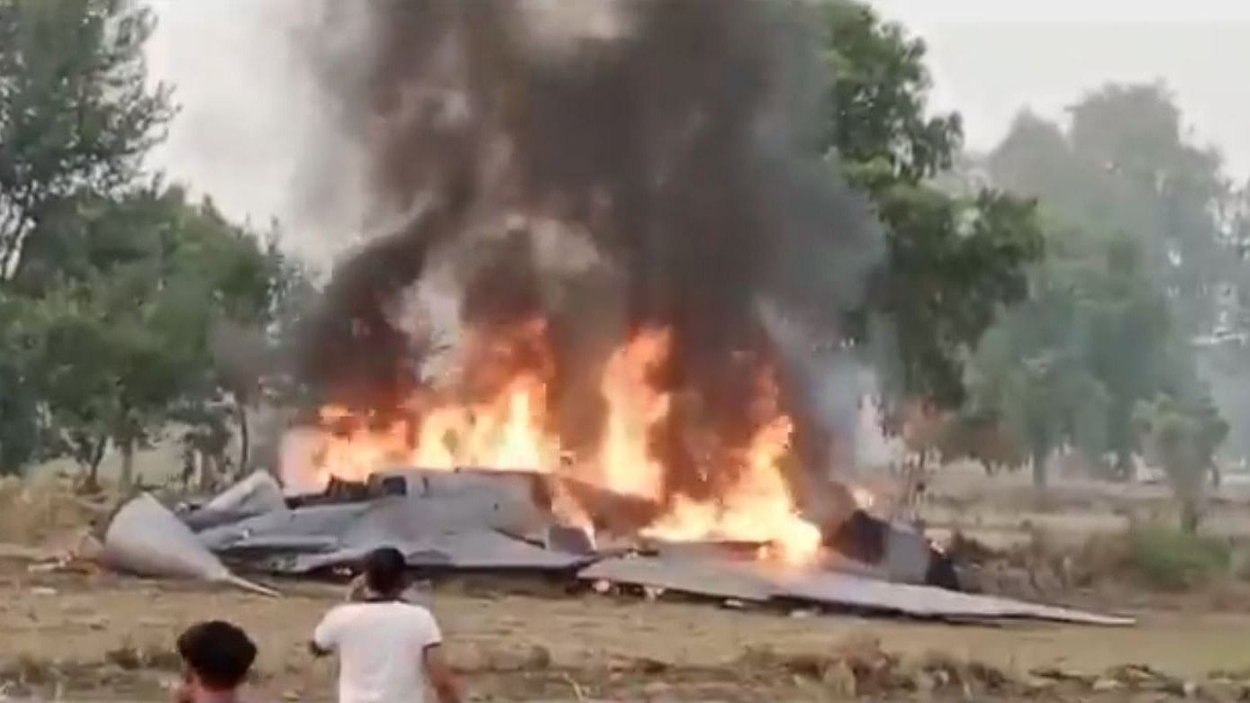 <div class="paragraphs"><p>Screengrab from a video showing the MiG-29 wreck near Agra, Nov 4, 2024.</p></div>