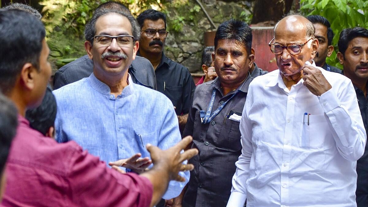 <div class="paragraphs"><p>Shiv Sena (UBT) Chief Uddhav Thackeray and NCP (SP) Chief Sharad Pawar share a lighter moment after a meeting ahead of Maharashtra Assembly polls in Mumbai.</p></div>