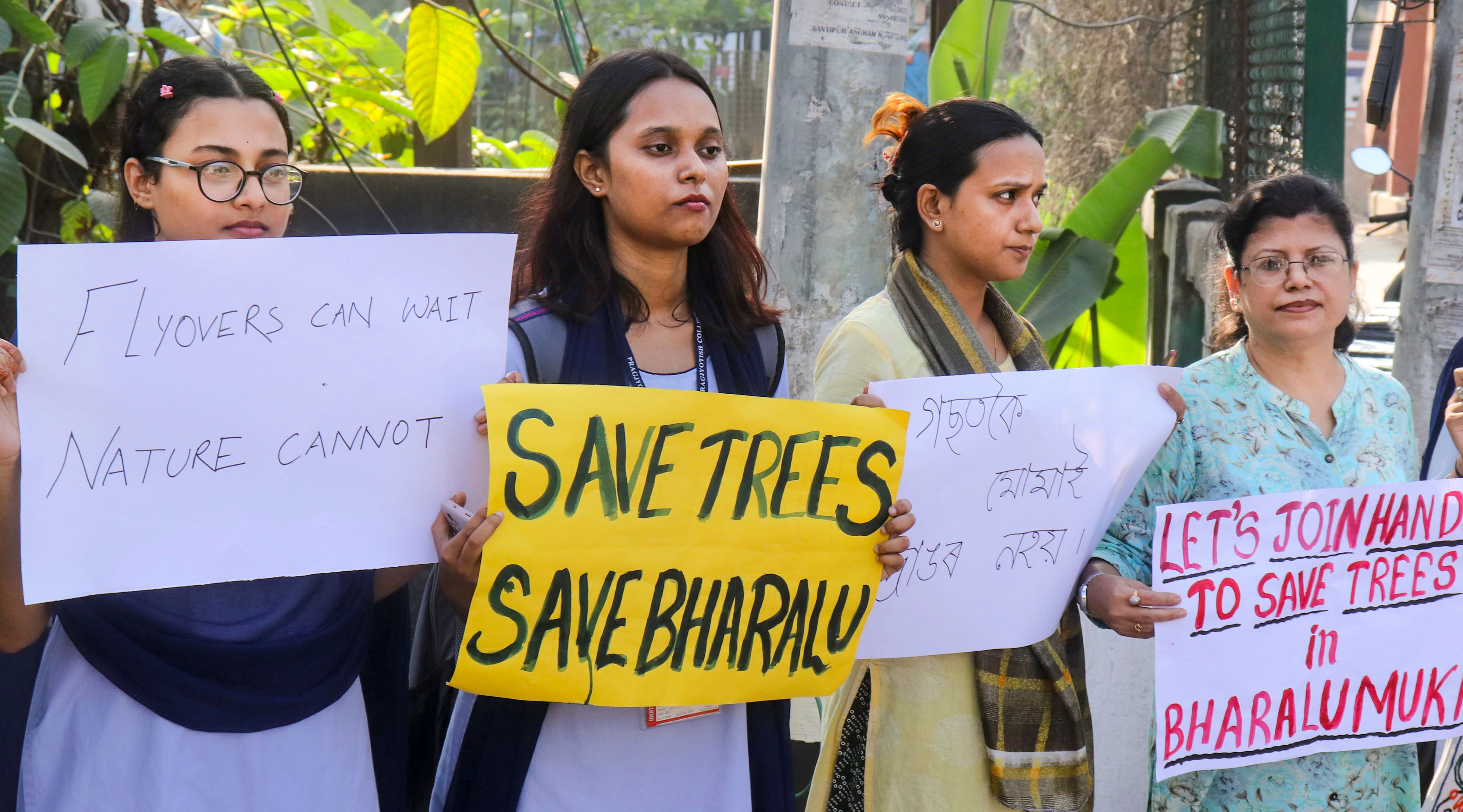 <div class="paragraphs"><p> Students stage a protest against the government's decision to cut more than 70 trees for construction of a bridge in Bharalumukh area, in Guwahati.</p></div>