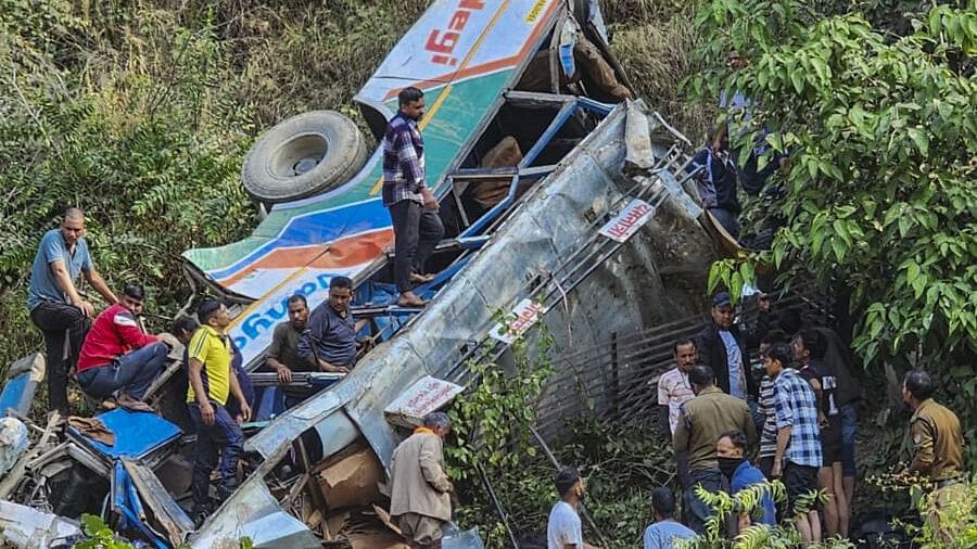 <div class="paragraphs"><p>Rescue and relief work underway after a passenger bus fell into a gorge in Kupi area, in Almora, Uttarakhand.</p></div>