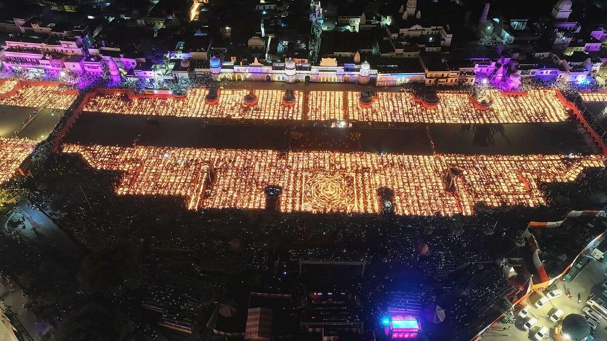 <div class="paragraphs"><p>An aerial view of banks of the Saryu river illuminated with ‘diyas’ (earthen lamps) during ‘Deepotsav 2024’ celebration on the eve of the Diwali festival, in Ayodhya.</p></div>