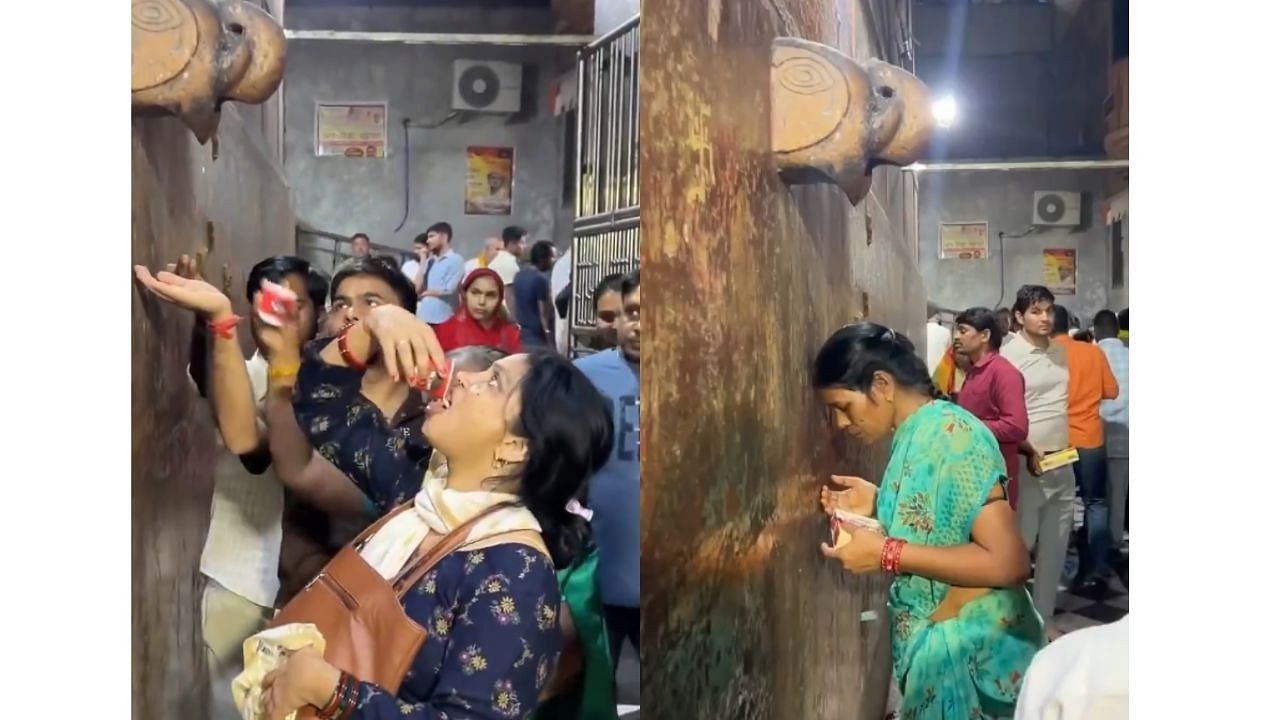 <div class="paragraphs"><p>A screengrab from the video showing devotees drinking water dripping from the sculpture.</p></div>