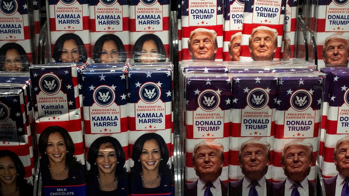 <div class="paragraphs"><p>Chocolate bars with the faces of Democratic presidential nominee US Vice President Kamala Harris and Republican presidential nominee and former US President Donald Trump are displayed.</p></div>