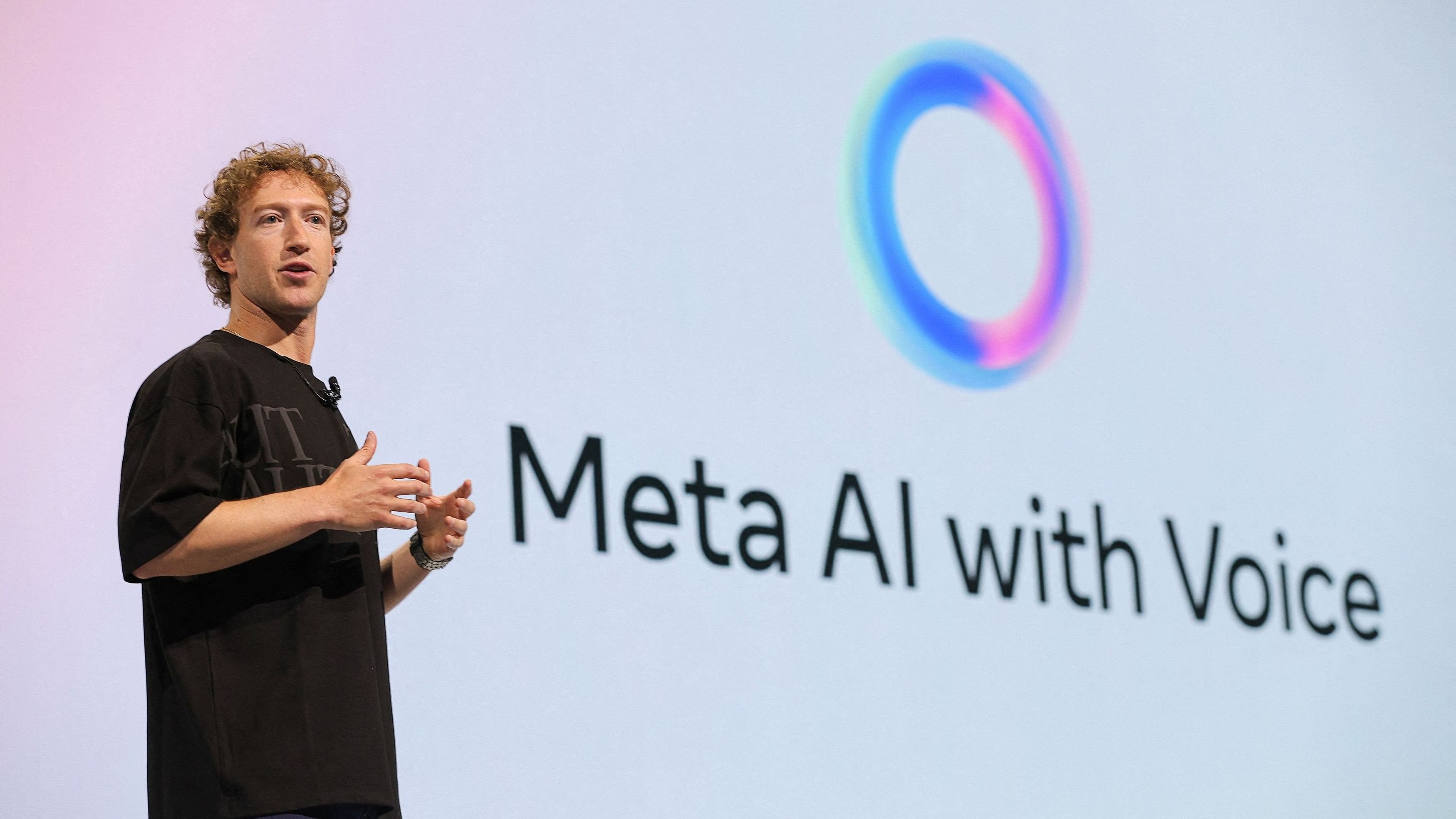 <div class="paragraphs"><p>Meta CEO Mark Zuckerberg presents Meta AI with Voice, as he makes a keynote speech during the Meta Connect annual event, at the company's headquarters in Menlo Park, California</p></div>