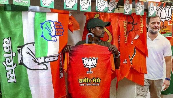 <div class="paragraphs"><p>A vendor shows a t-shirt printed with BJP's election symbol at a shop, ahead of Maharashtra Assembly elections, in Nagpur, Tuesday.</p></div>