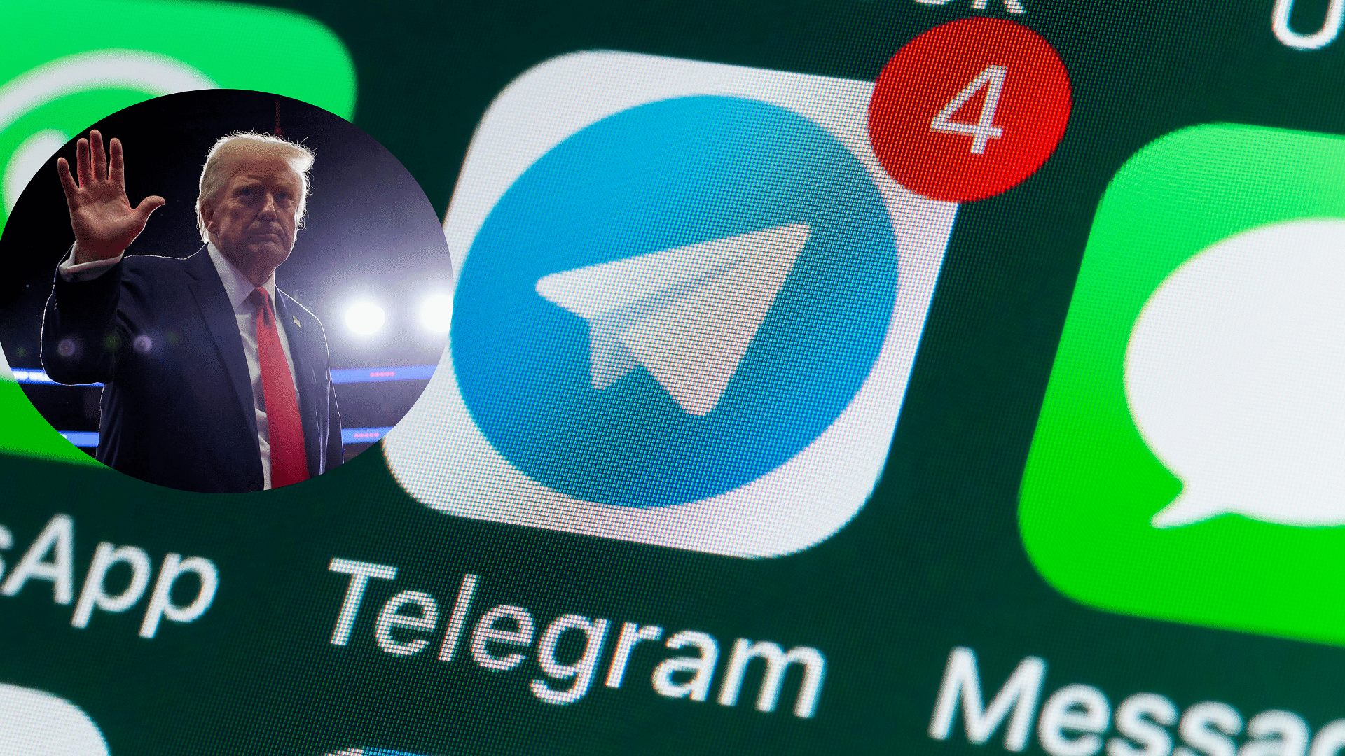 <div class="paragraphs"><p>The Telegram app as seen on a phone screen. (Inset: Donald Trump)</p></div>