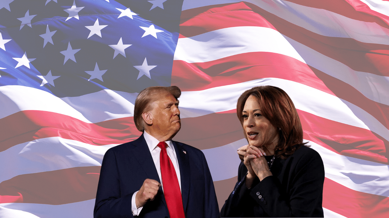 <div class="paragraphs"><p>Republican and Democratic Presidential candidates Donald Trump and Kamala Harris are seen here against the backdrop of the US flag</p></div>