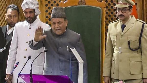 <div class="paragraphs"><p>Jammu and Kashmir Assembly Speaker Abdul Rahim Rather conducts proceedings of the house during ruckus erupted after PDP MLA Waheed Para introduced a resolution opposing the abrogation of Article 370, in Srinagar.</p></div>