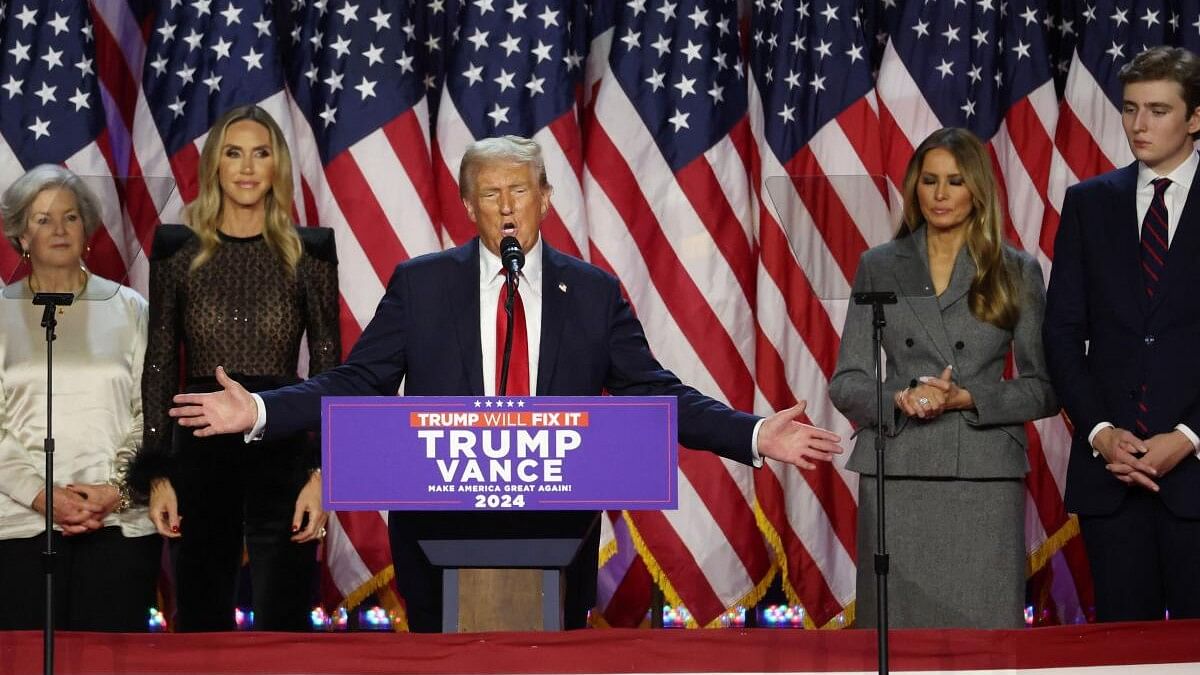 <div class="paragraphs"><p>Donald Trump is flanked by Melania Trump, Barron Trump and Lara Trump as he addresses supporters, during the 2024 US Presidential Election in Florida.</p></div>