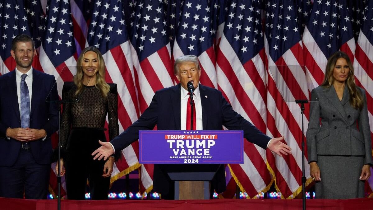 <div class="paragraphs"><p>Republican presidential nominee and former US President Donald Trump takes the stage with his wife Melania, his son Eric, and his daughter-in-law Lara, following early results from the 2024 US presidential election in Palm Beach County Convention Center, in West Palm Beach, Florida, US, November 6, 2024.</p></div>