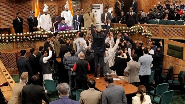 <div class="paragraphs"><p>BJP legislators hold a protest after the Assembly passed a resolution on Article 370 restoration by voice vote, in Srinagar, Wednesday, November 6, 2024.</p></div>