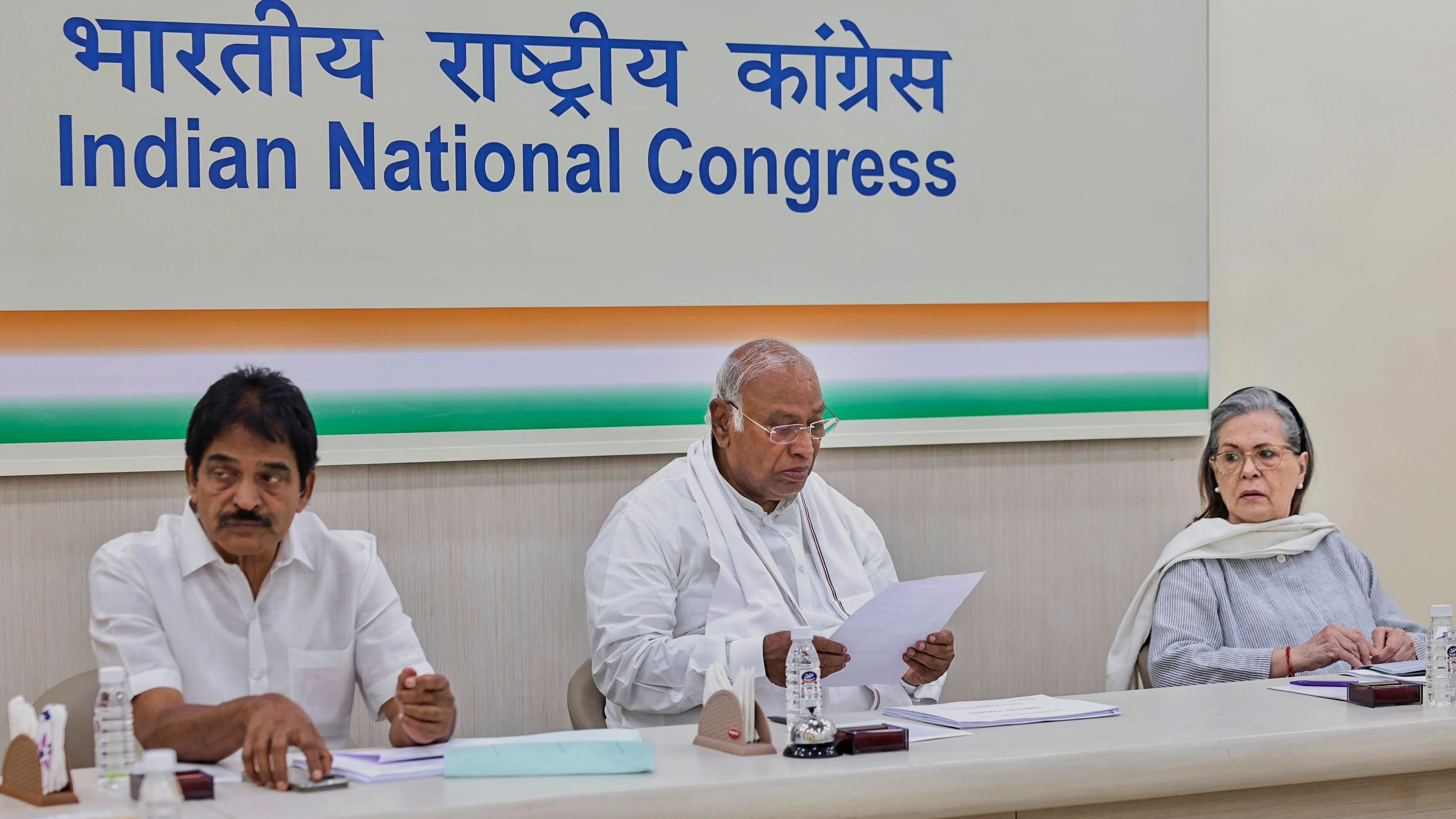 <div class="paragraphs"><p>Congress President Mallikarjun Kharge, party leaders Sonia Gandhi and KC Venugopal </p></div>