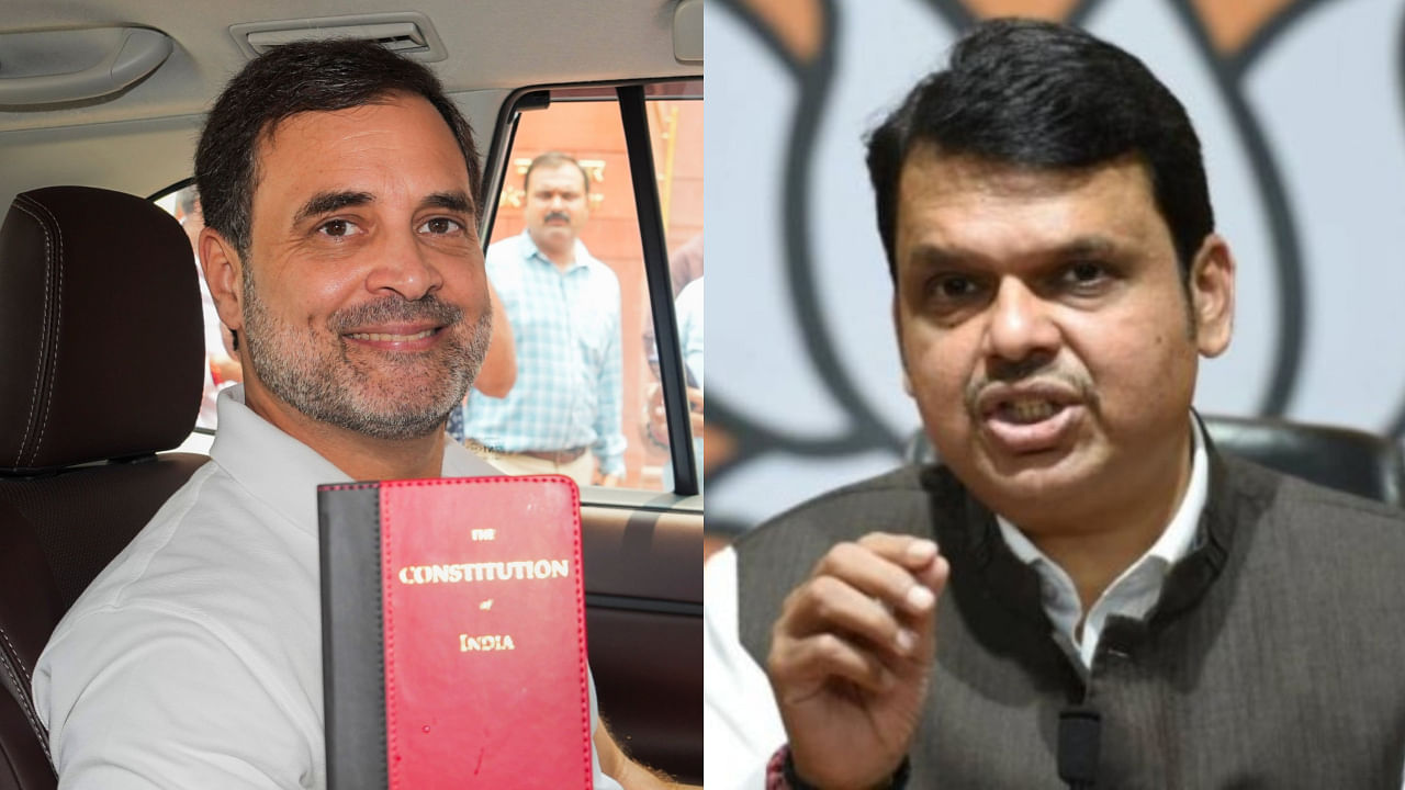 <div class="paragraphs"><p>Congress leader Rahul Gandhi with a copy of the Constitution(L), Maharashtra Dy CM Devendra Fadnavis.</p></div>