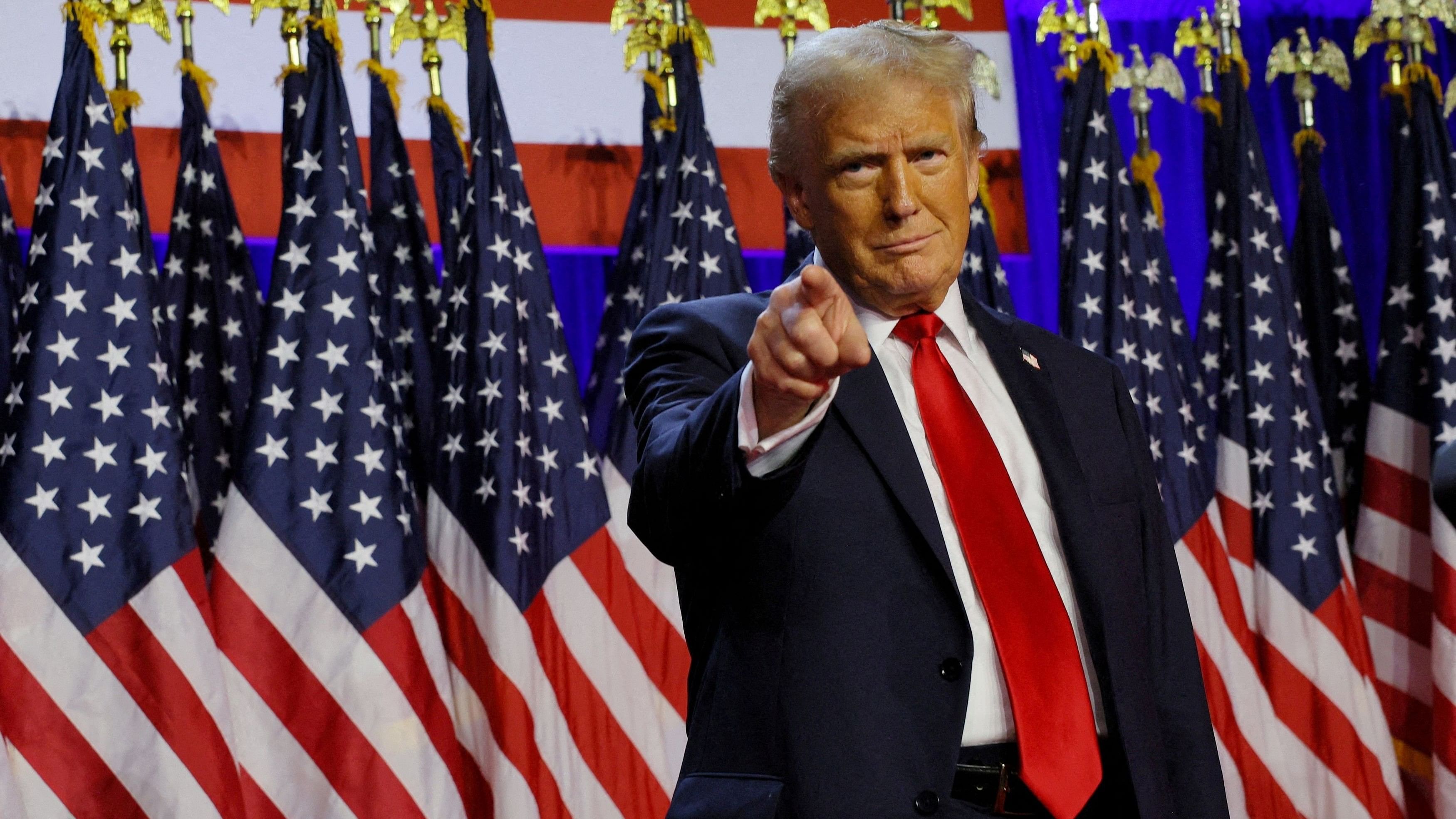 <div class="paragraphs"><p>Republican presidential nominee and former US President Donald Trump takes the stage to address supporters at his rally, at the Palm Beach County Convention Center in West Palm Beach, Florida.</p></div>