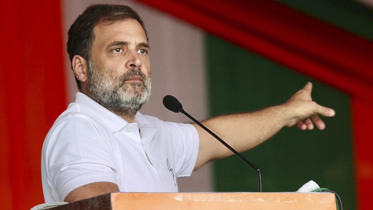 <div class="paragraphs"><p>LoP in Lok Sabha and Congress MP Rahul Gandhi addresses a public meeting ahead of Jharkhand Assembly elections, in Simdega district of Jharkhand, Friday, November 8, 2024.</p></div>