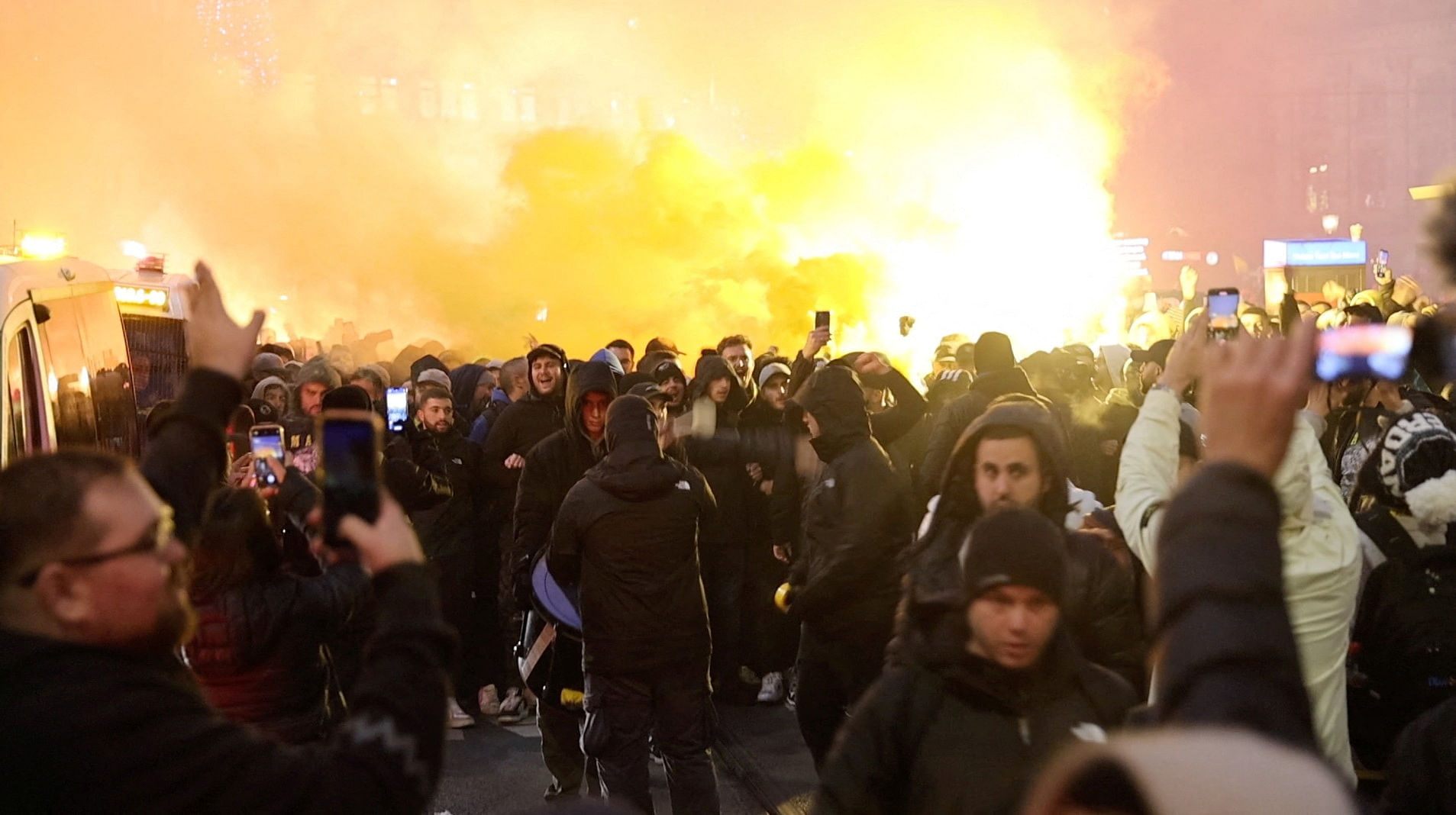 <div class="paragraphs"><p>Israeli Maccabi Tel Aviv supporters demonstrate and light flares in Amsterdam, Netherlands, November 7, 2024, in this screengrab obtained from a social media video.</p></div>