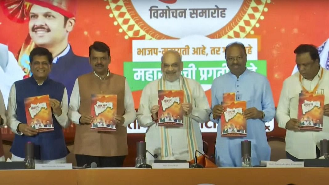 <div class="paragraphs"><p>Union Minister and senior BJP leader Amit Shah with party leaders Piyush Goyal, Devendra Fadnavis and others releases BJP's Sankalp Patra for Maharashtra Assembly elections, in Mumbai, Sunday, November 10, 2024.</p></div>