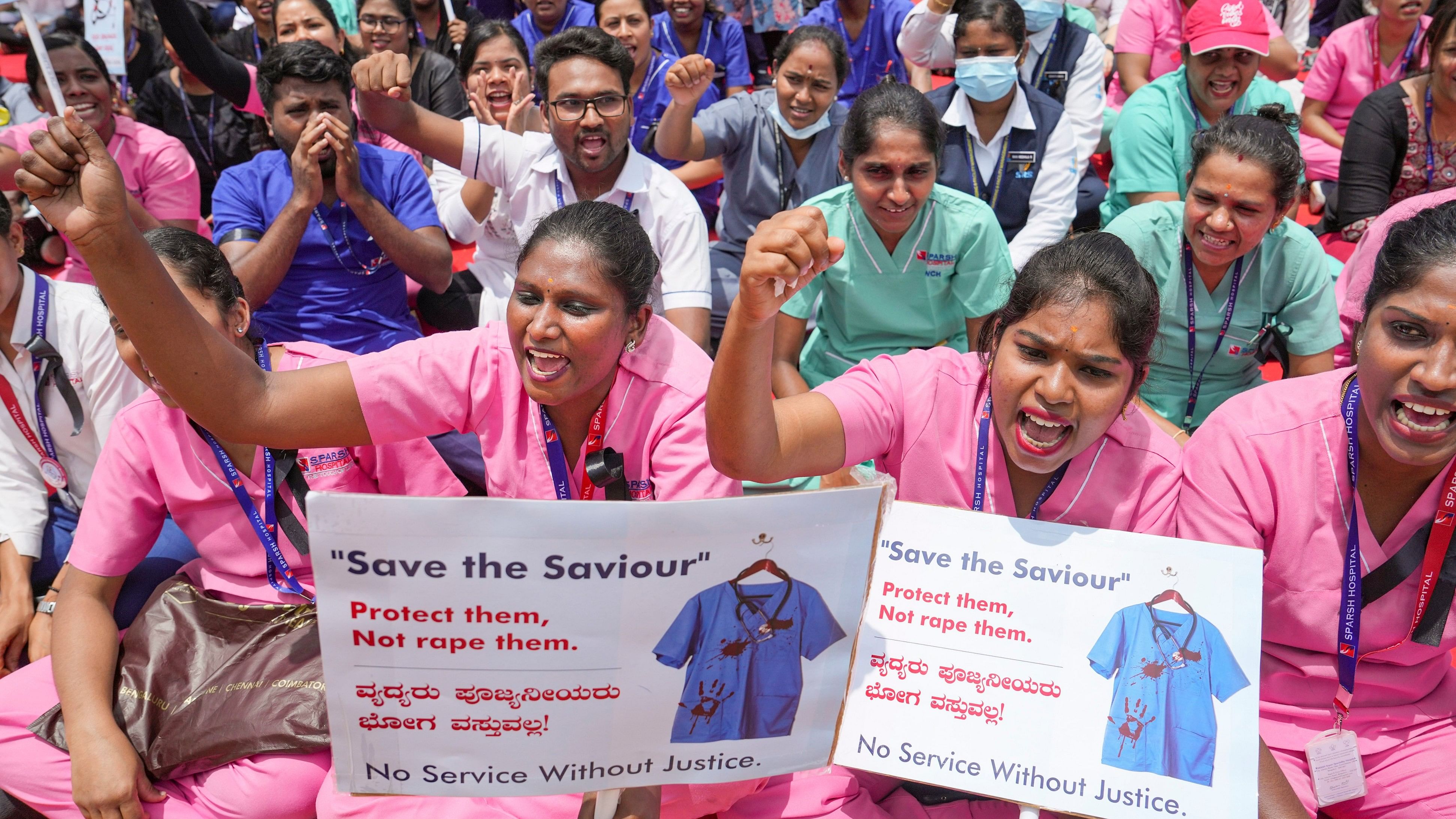 <div class="paragraphs"><p>Nursing staff stages a protest against alleged rape and murder at Kolkata's R G Kar Medical College and Hospital.</p></div>