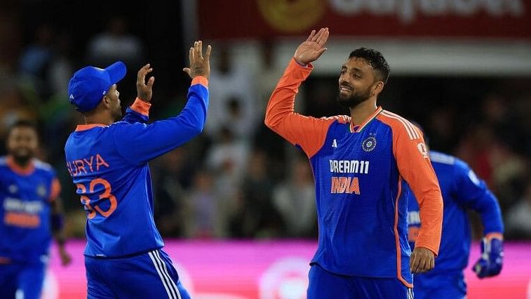 <div class="paragraphs"><p>India's Varun Chakaravarthy celebrates after taking the wicket of South Africa's Marco Jansen.</p></div>