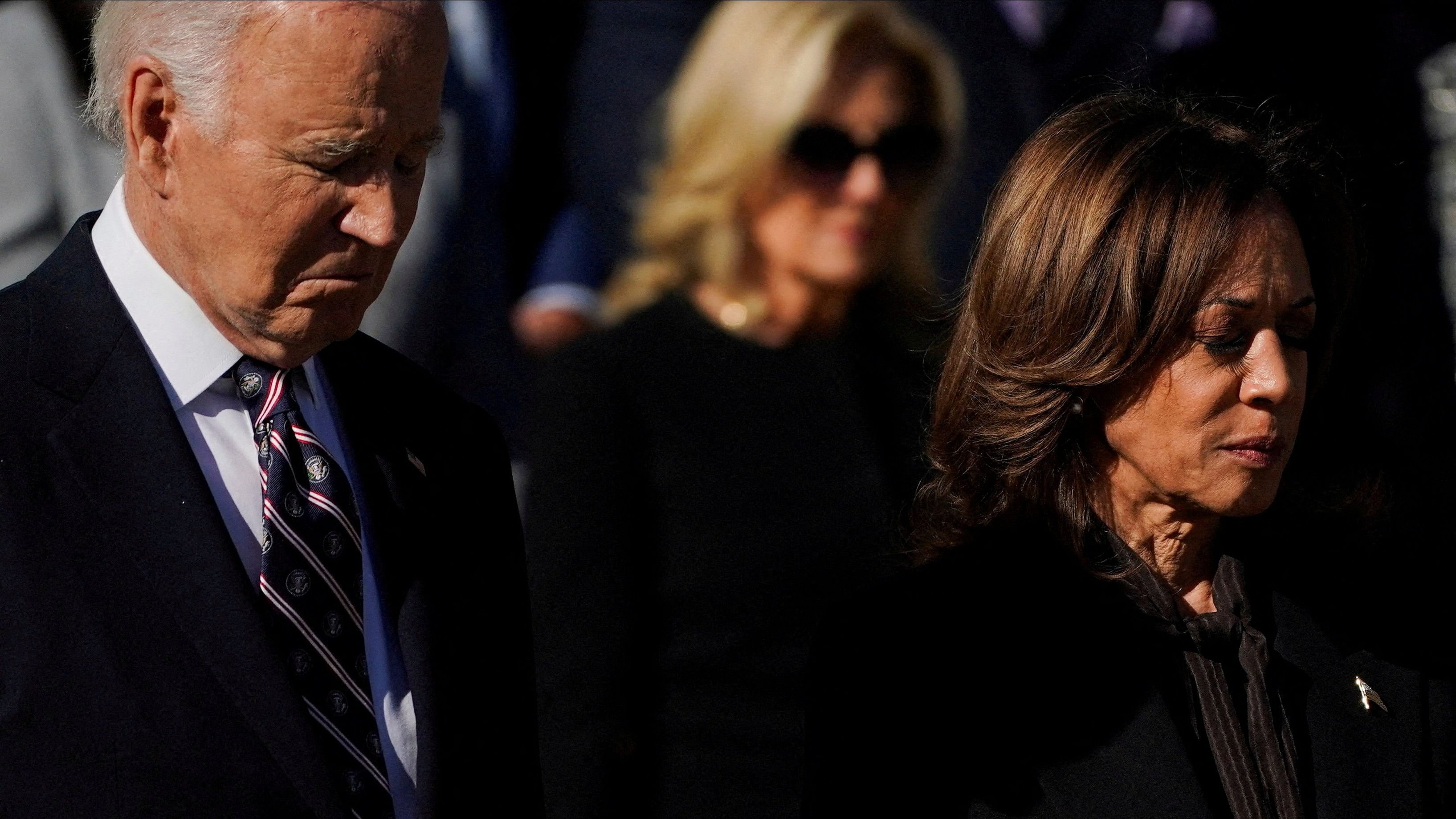 <div class="paragraphs"><p>US President Joe Biden (L), US Vice President Kamala Harris (R) take part in a wreath laying ceremony on Veterans Day at Arlington National Cemetery in Arlington, Virginia, US.</p></div>