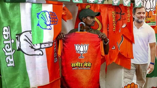 <div class="paragraphs"><p>A vendor shows a t-shirt printed with BJP's election symbol at a shop, ahead of Maharashtra Assembly elections, in Nagpur.</p></div>