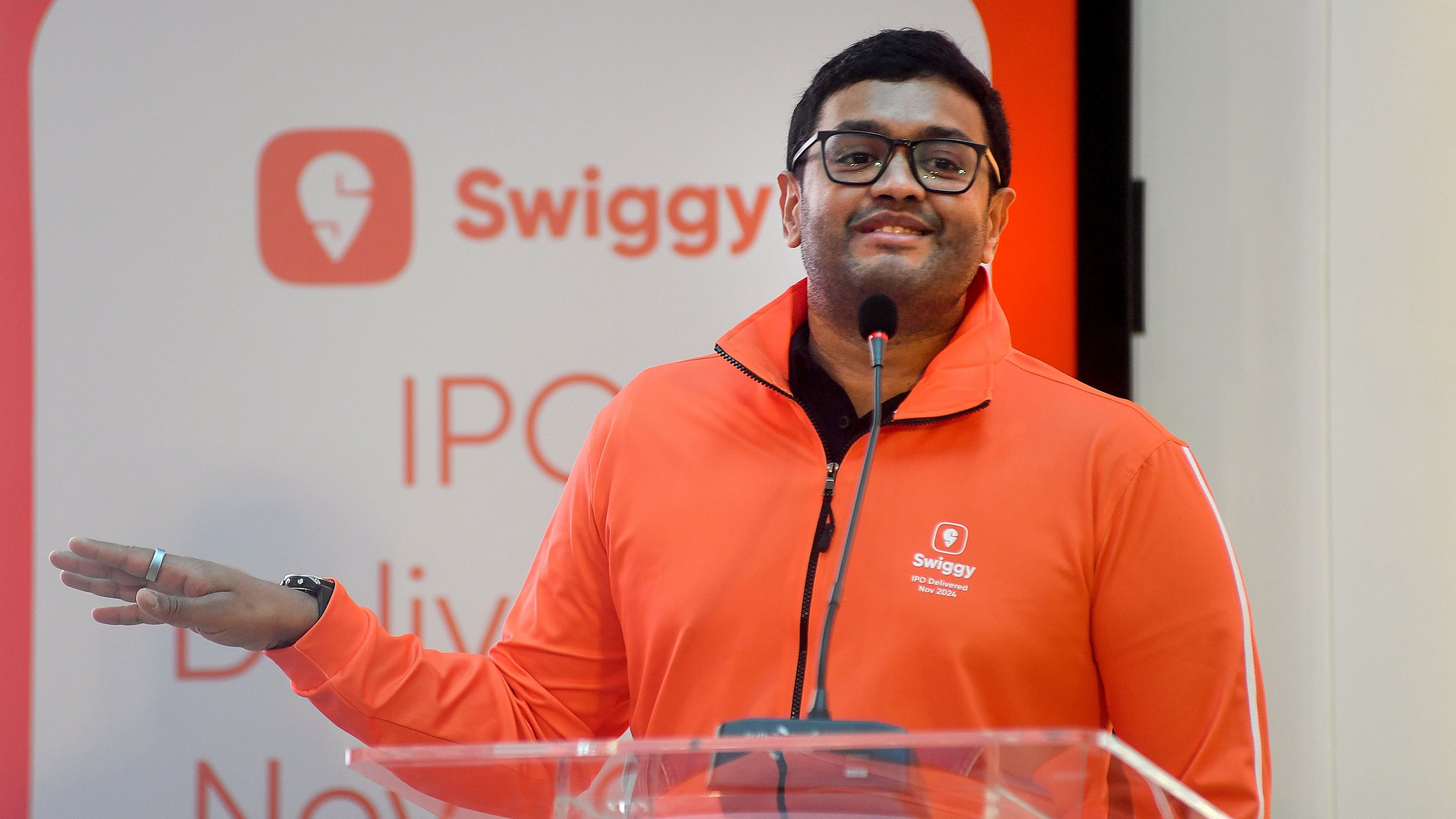 <div class="paragraphs"><p>Sriharsha Majety, CEO, Swiggy Limited, speaks at the Swiggy bell ringing listing ceremony, at the National Stock Excgange, in Mumbai.</p></div>