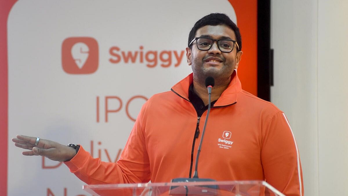 <div class="paragraphs"><p>Swiggy Limited CEO Sriharsha Majety speaks at the bell ringing listing ceremony at NSE in Mumbai on Wednesday.</p></div>