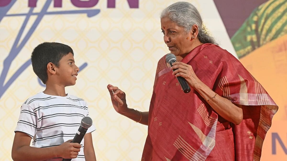 <div class="paragraphs"><p>Union Minister of Finance and Corporate Affairs Nirmala Sitharaman seen responding to a query raised by Rishanth, a student of fifth standard, during the interaction programme organised at T V Raman Pai convention centre in Mangaluru on Wednesday.  </p></div>