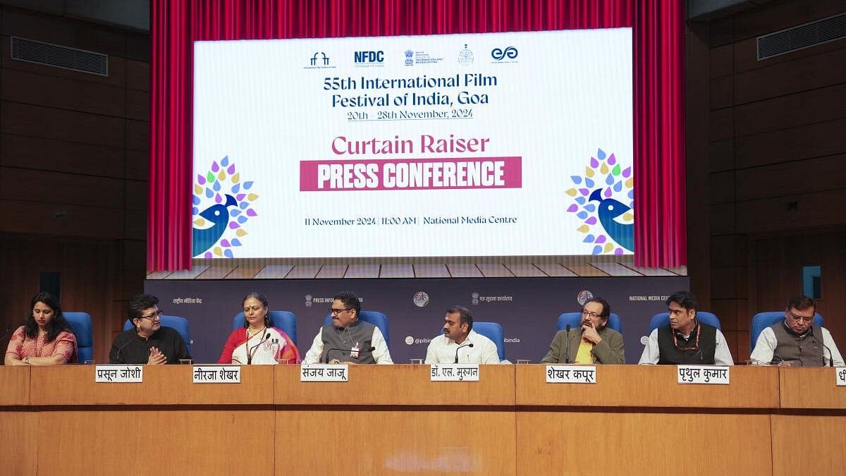 <div class="paragraphs"><p>Union Minister of State for I&amp;B L Murugan, Secretary I&amp;B Sanjay Jaju, IFFI Director Shekhar Kapur, CBFC Chairman Prasoon Joshi and others during the curtain raiser press conference of International Film Festival Of India, 2024, at National Media Centre in New Delhi.</p></div>