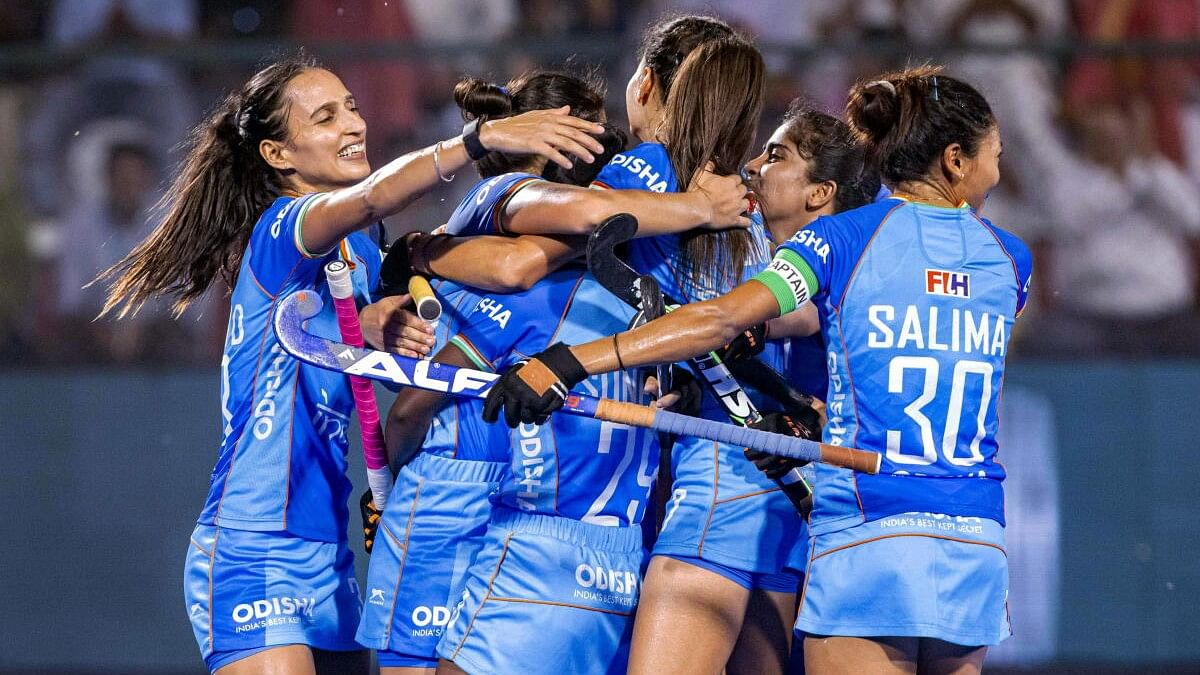 <div class="paragraphs"><p>Indian players celebrate after scoring a goal during their Women's Asian Champions Trophy 2024 hockey match between India and South Korea, at Rajgir, in Nalanda district, Bihar, Tuesday, Nov. 12, 2024.</p></div>