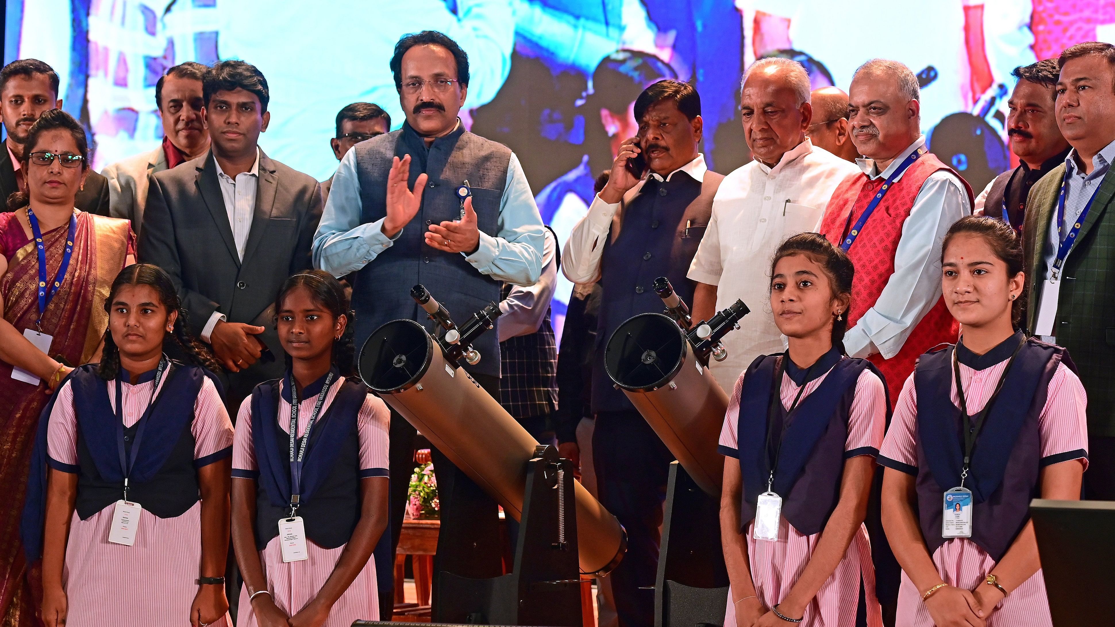 <div class="paragraphs"><p>Indian Space Research Organisation Chairman S Somanath takes part in an interaction with teachers and students in Bengaluru on Tuesday. Ministers H C Mahadevappa and N S Boseraju are seen. </p></div>