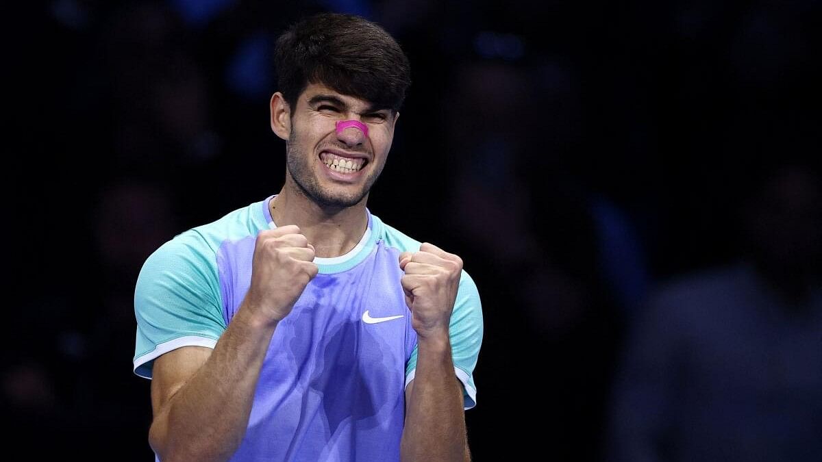 <div class="paragraphs"><p>Carlos Alcaraz celebrates his win over Andrey Rublev&nbsp; in the ATP Tour Finals in Turin.&nbsp;</p></div>