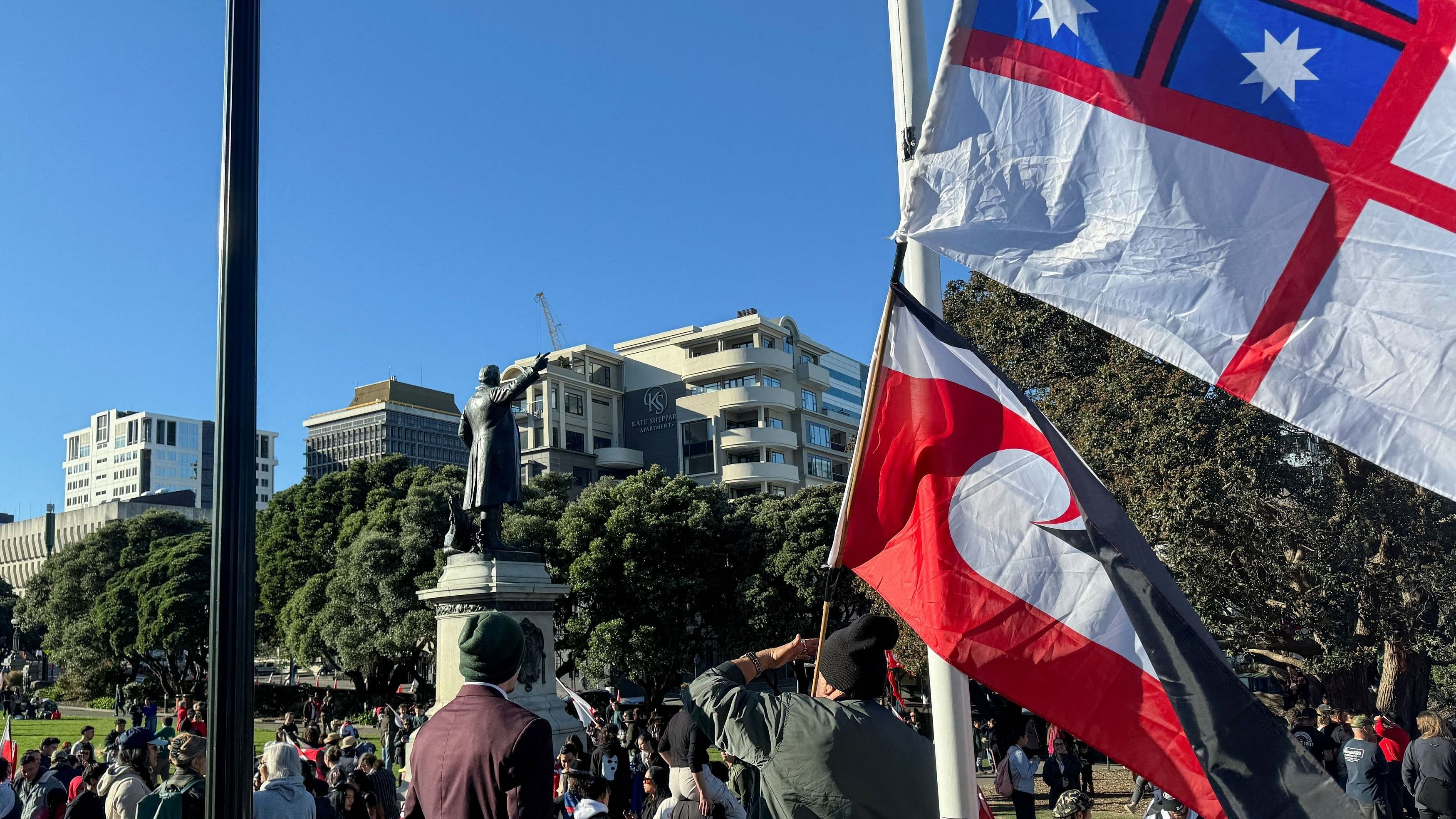 <div class="paragraphs"><p>Protesters gather outside New Zealand's parliament buildings to protest policies seen as discriminatory to Indigenous Maori in Wellington, New Zealand.</p></div>