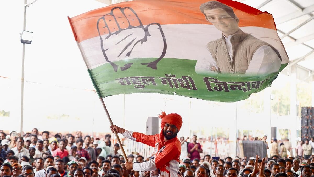 <div class="paragraphs"><p>A supporter waves Congress party flag during a public meeting addressed by Leader of Opposition in Lok Sabha Rahul Gandhi ahead of the Maharashtra Assembly elections.</p></div>