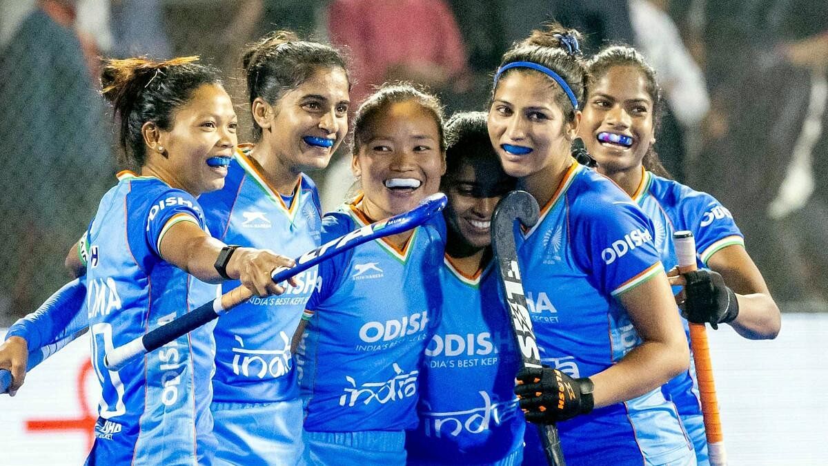 <div class="paragraphs"><p>India’s players celebrate a goal during a Women's Asian Champions Trophy 2024 hockey match between India and Thailand, at Rajgir, in Nalanda district, Bihar, Thursday, Nov. 14, 2024.</p></div>