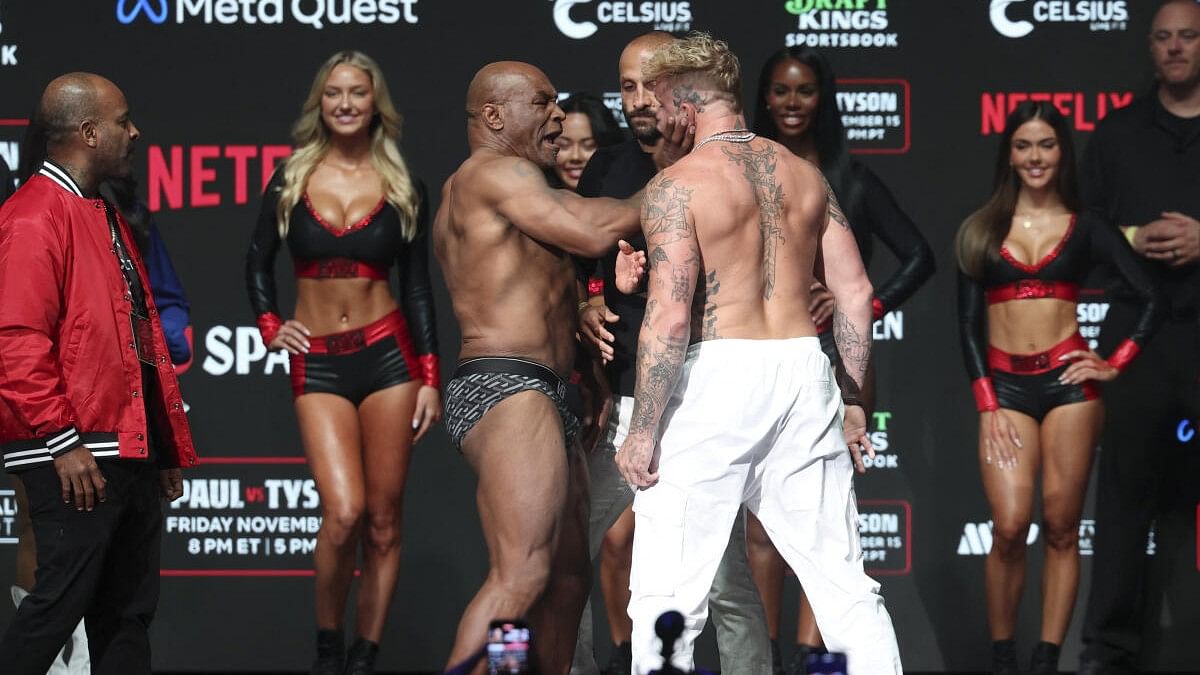 <div class="paragraphs"><p>Mike Tyson (left) slaps Jake Paul (right) after weighing in at the Toyota Music Factory.</p></div>